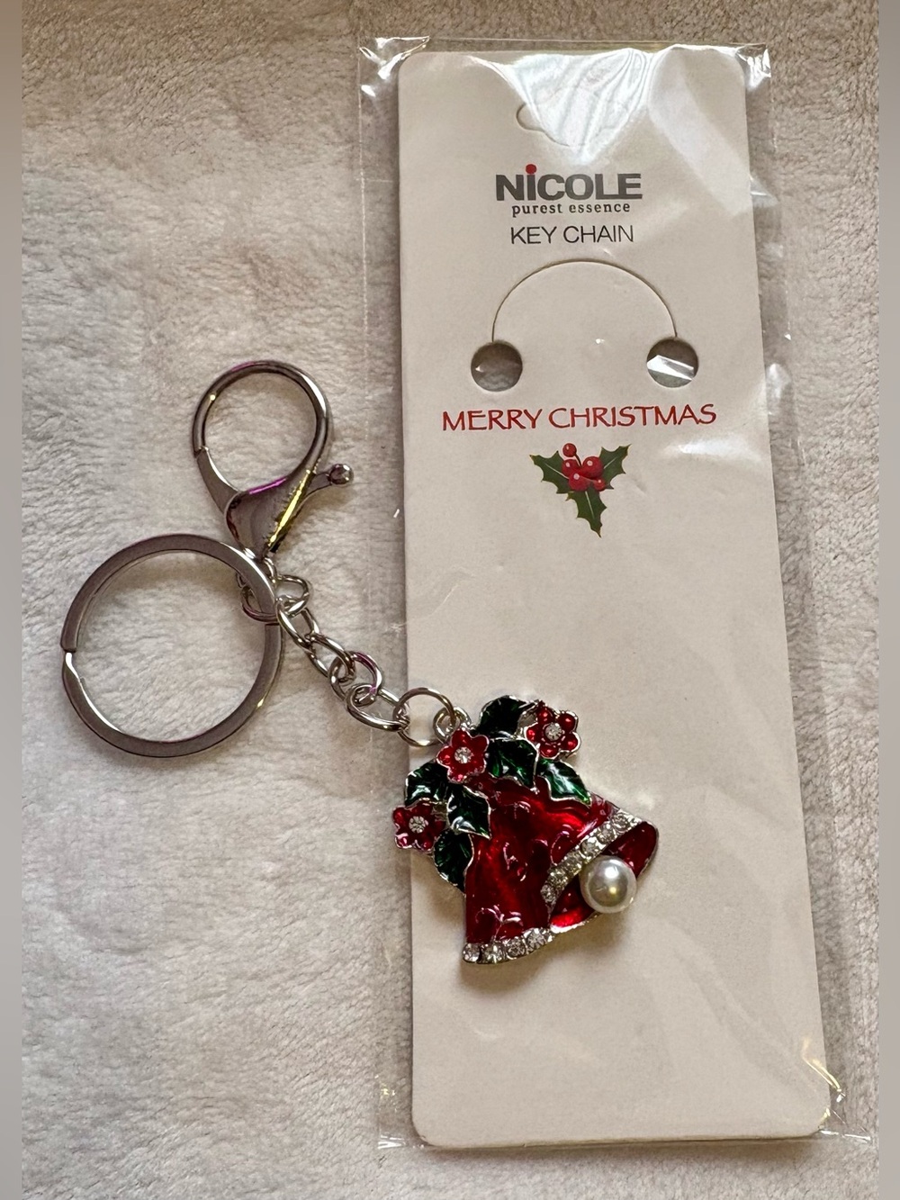 Nicole Red Enamel Bell Key Chain with Green Holly Accents